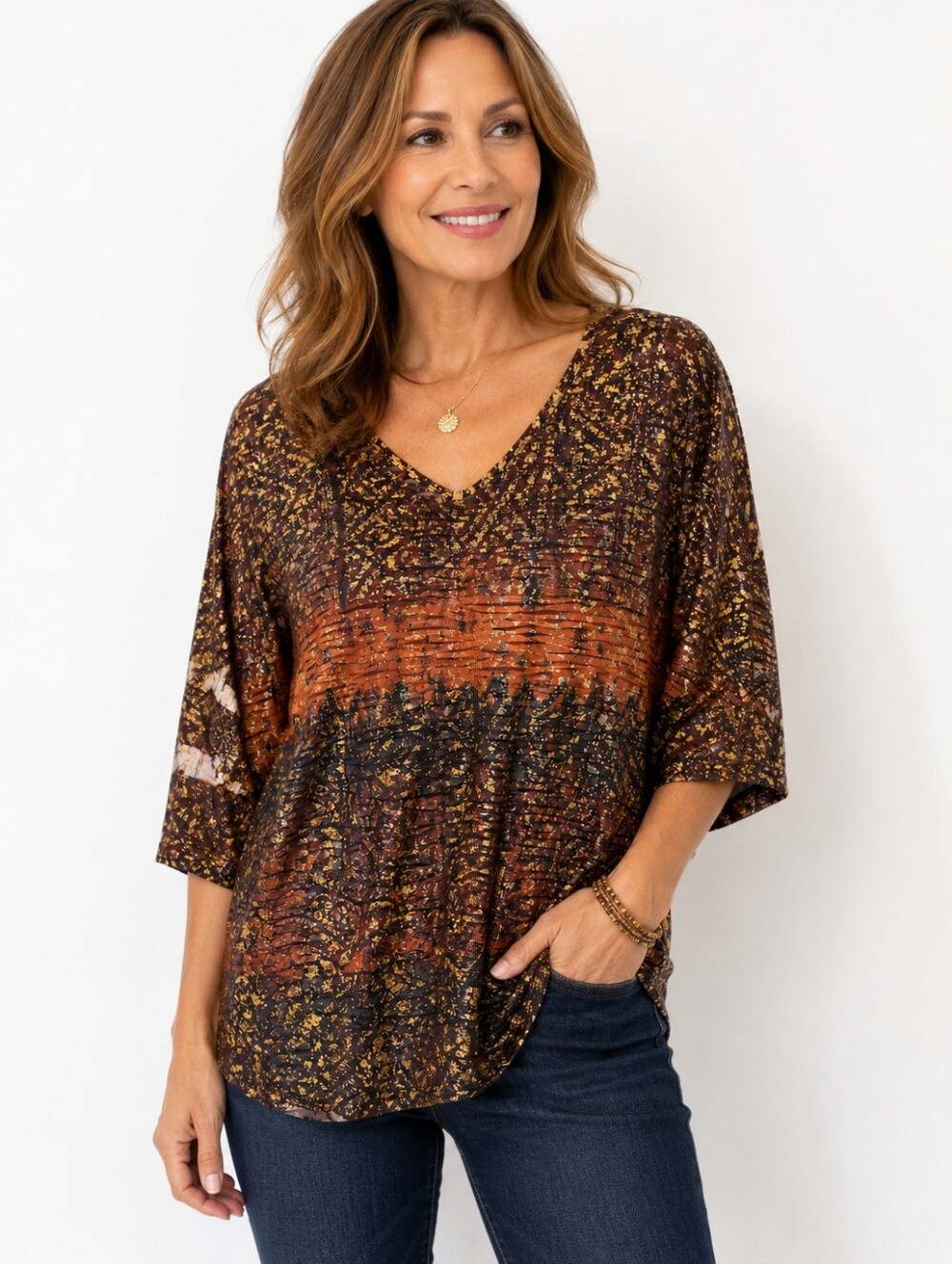 Reba Women's Abstract Print Top Medium Brown Orange Stretch Made in USA